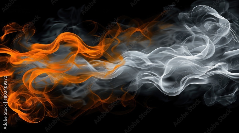 Poster a dark black background with swirling orange and white smoke creating a dynamic and mysterious visua