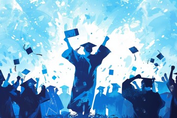 A silhouette of a graduate holding their diploma and wearing a gown, surrounded by other students cheering them on Generative AI