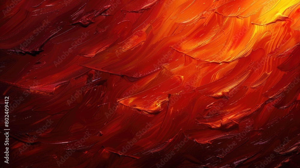 Poster an abstract painting showcasing vibrant red and yellow hues in dynamic patterns on canvas