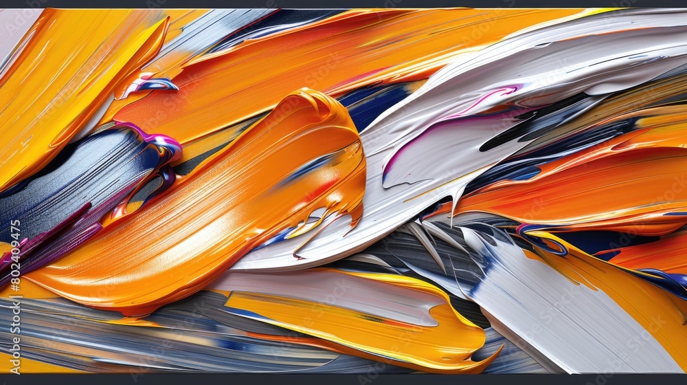 Poster an abstract painting showcasing vibrant orange and white colors blending and contrasting with each o