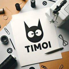 Minimalist Owl Illustration Amidst Sewing Essentials in a Black-and-White Craft and Design Setting
