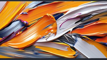 An abstract painting showcasing vibrant orange and white colors blending and contrasting with each other in dynamic patterns