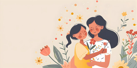 Mothers day flat illustration with a young mother, hugging her daughter on flowers background, Cute cartoon characters, pastel colors. Holiday family concept in vector style with copy space.