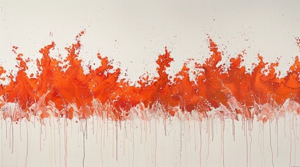 An orange and white painting is displayed on a white wall, adding a pop of color to the minimalist setting