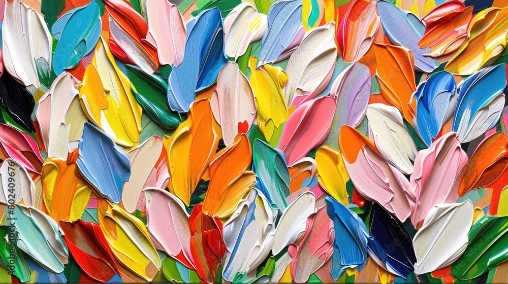 Poster a painting displaying a vibrant collection of multicolored feathers against a neutral background