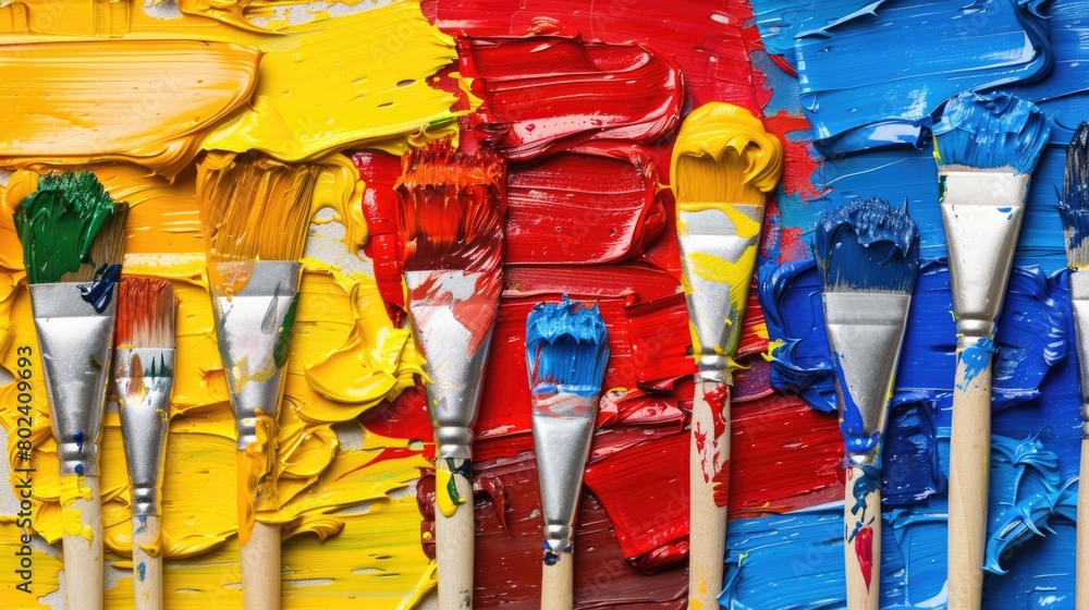 Poster a collection of paintbrushes lined up next to each other, each dipped in a different vibrant color o