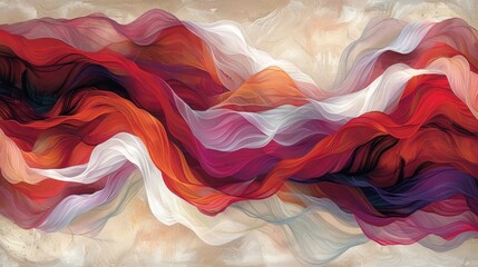 An abstract painting featuring a vibrant red, white, and blue wave crashing against an unseen shore