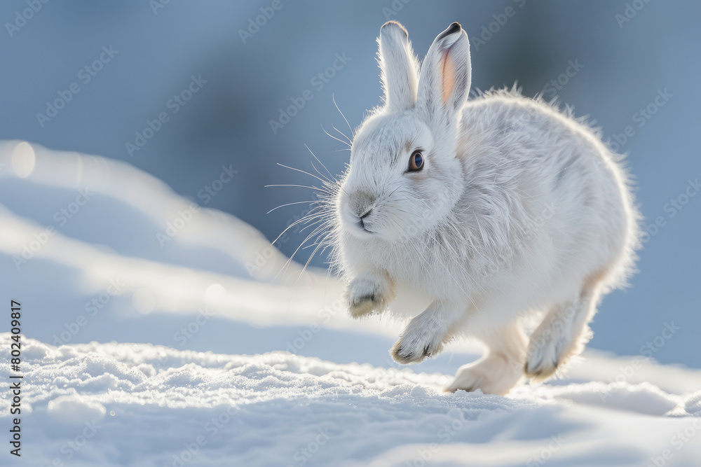 Wall mural Arctic hare bounding over snow-covered terrain, agile and quick, - Wall murals