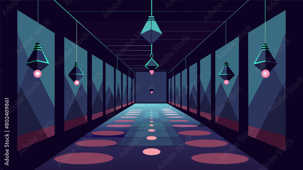 Aufkleber hung between the mirrors were strings of faintly glowing lights creating an eerie and disorienting a