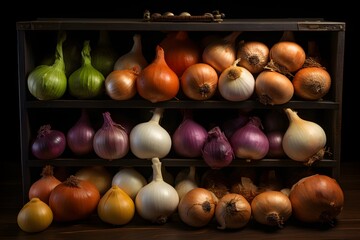 Variety of onions on a wooden shelf in a dark room.
