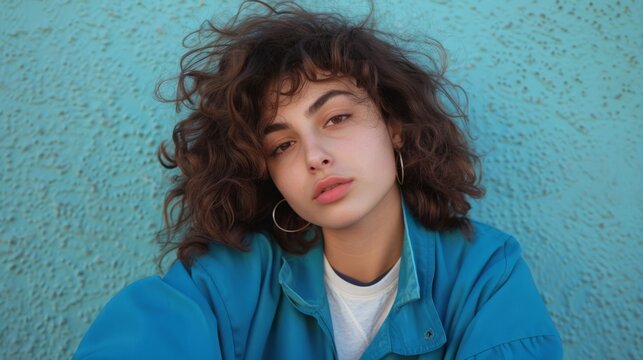 Teen Persian Woman with Brown Curly Hair 1990s style Illustration.