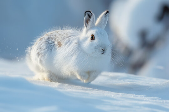 Arctic hare bounding over snow-covered terrain, agile and quick,