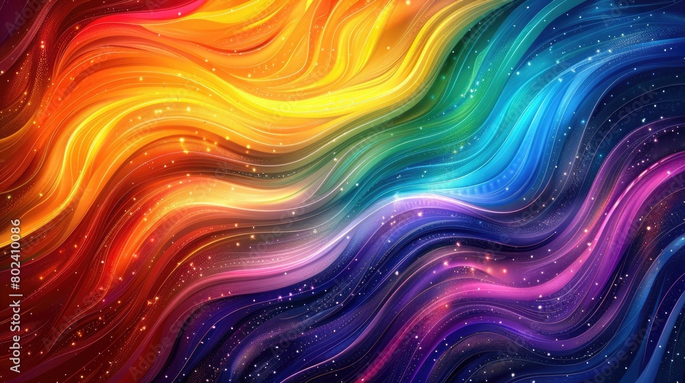 Poster colorful wavy lines intersecting with stars in a vibrant background