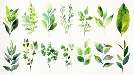 Detailed view of a collection of fine foliage painted in watercolors, capturing the essence of spring with light greens and yellows, isolated on a white background for a clean look