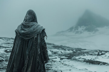 A lone figure in a hooded garment wandering through a snowy landscape, face tucked away from the cold and prying eyes,