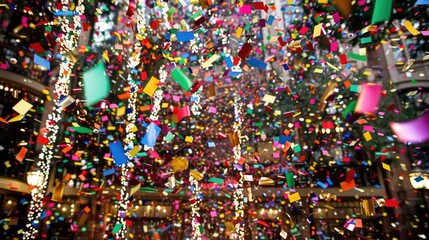 A large group of colorful confetti falling from the ceiling in a vibrant display