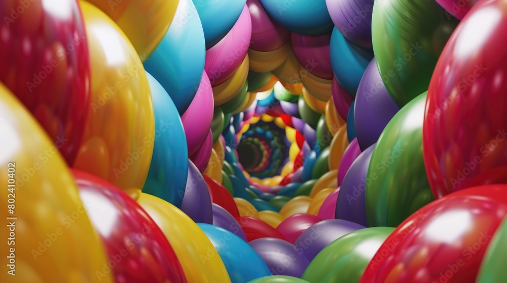 Poster spiral arrangement of balloons with a vibrant colorful center, creating a visually striking display