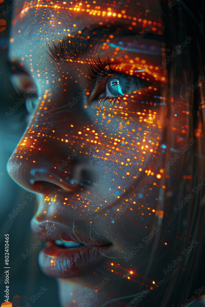 Poster a close-up of a person at a digital interface, their face obscured by a web of pixelated lines,