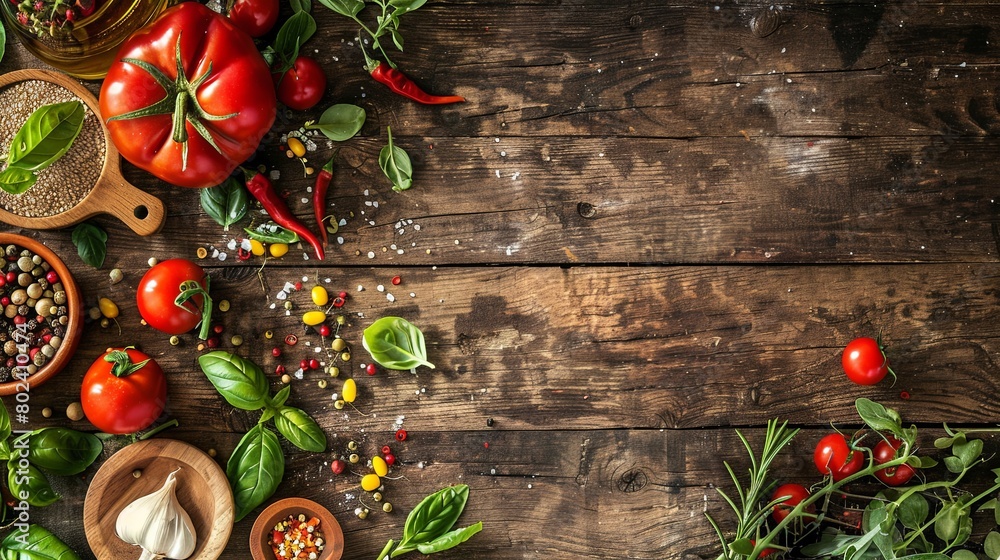 Poster assorted vegetables on wooden table. generative ai