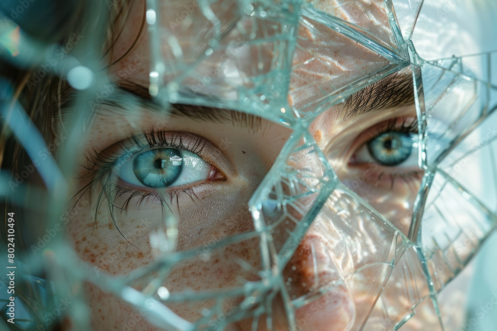 Poster a person's face reflected in a shattered mirror, each fragment showing a different angle of their fe