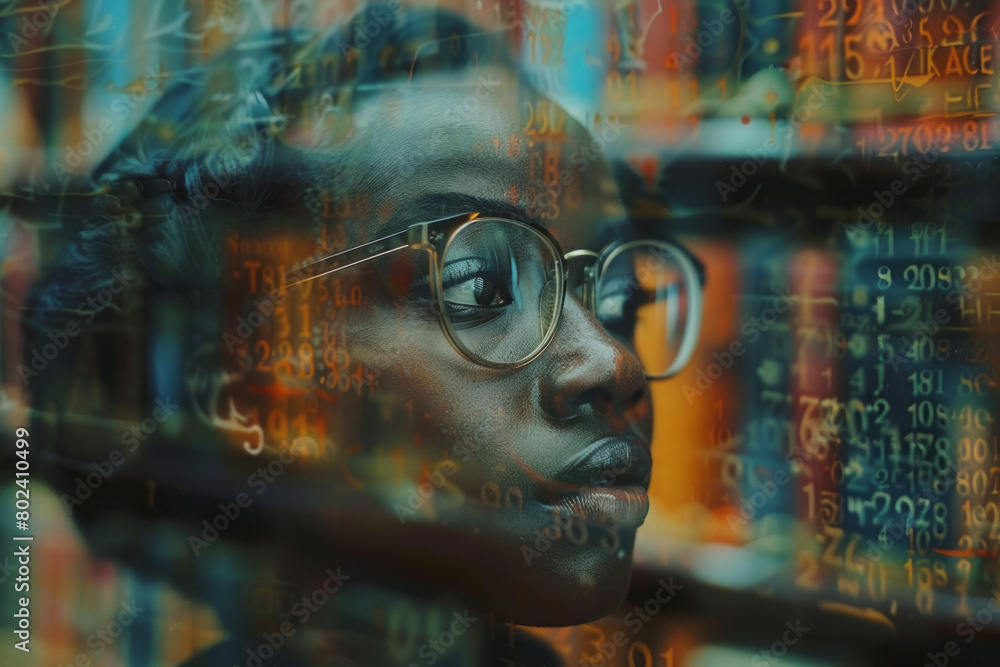 Poster a conceptual image of a person in a library, their face a blur of words and numbers, merging with th