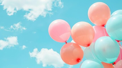 A cluster of vibrant balloons gently floating in the sky