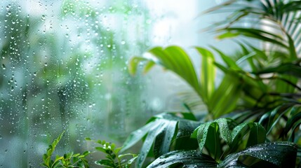 Detailed view of a lush green bathroom plant positioned by a frosted window, captured in high-res to highlight its glossy leaves and organic texture