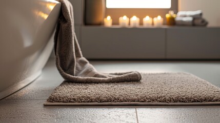 Detailed view of a luxurious, soft bathroom rug, emphasizing the deep pile and cozy feel underfoot, perfect for a spa-like bathroom retreat