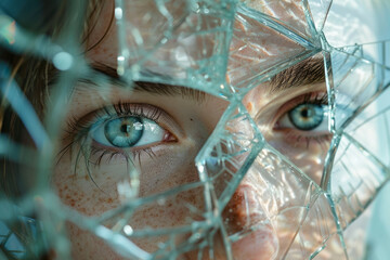 A person's face reflected in a shattered mirror, each fragment showing a different angle of their features.