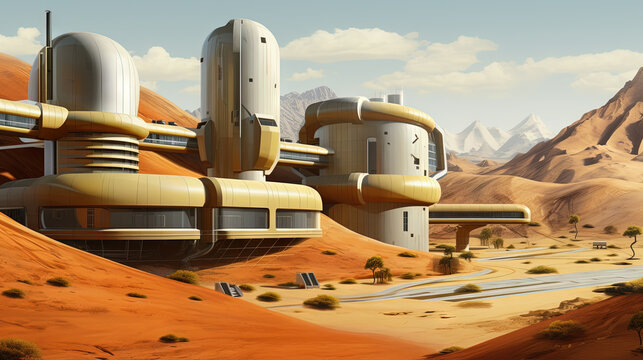 Retro futuristic architecture in sci-fi scene on the desert planet. Alien landscape with nostalgic retro future constructions
