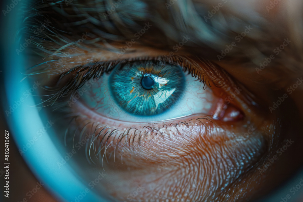 Poster a close-up of a face distorted by a magnifying glass, emphasizing certain features while minimizing 