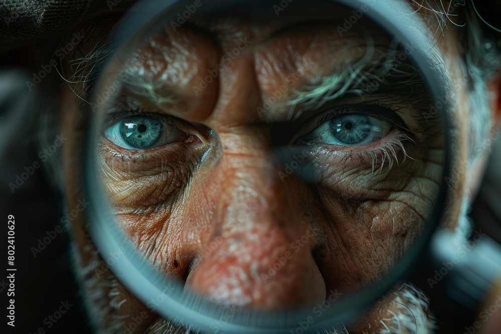 Poster a close-up of a face distorted by a magnifying glass, emphasizing certain features while minimizing 
