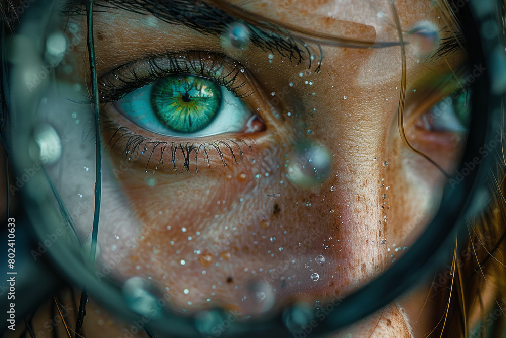 Poster a close-up of a face distorted by a magnifying glass, emphasizing certain features while minimizing 