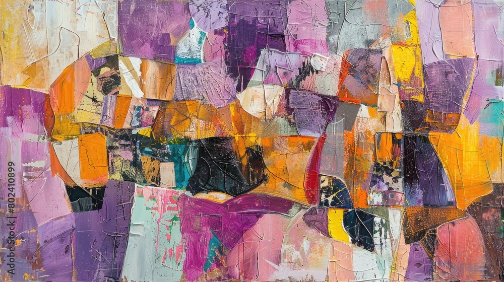 Poster an abstract painting filled with a variety of bright and bold colors, creating a visually dynamic an