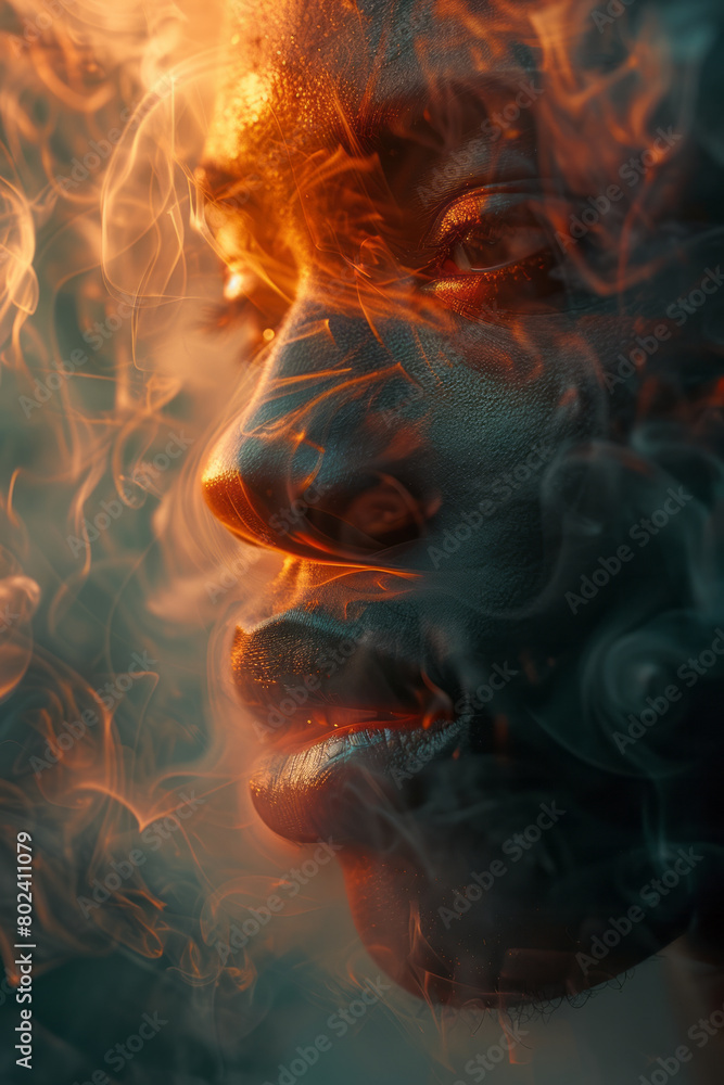 Poster an enigmatic face where light is diffused through smoke, blurring edges and softening features,