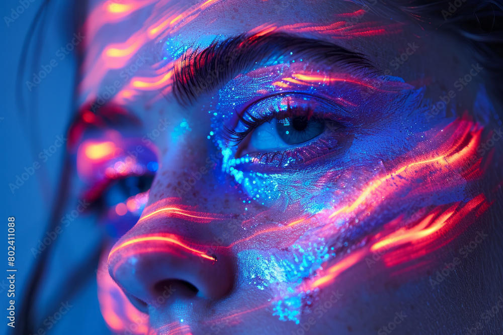 Poster a close-up with a face painted with reflective materials, lit by a uv light to create glowing patter