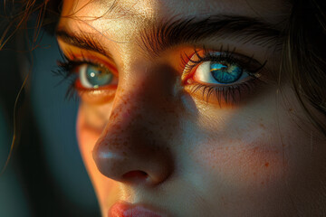Fototapeta premium A stark contrast portrait with half the face brightly lit in vibrant color and the other in deep shadow,