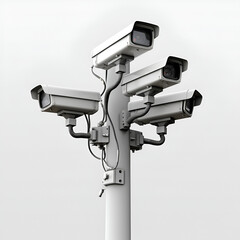 A Cctv cameras on real poles in a tech setting isolated on white background