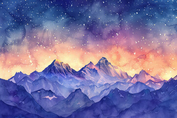 Starry sky over watercolor mountain range painting