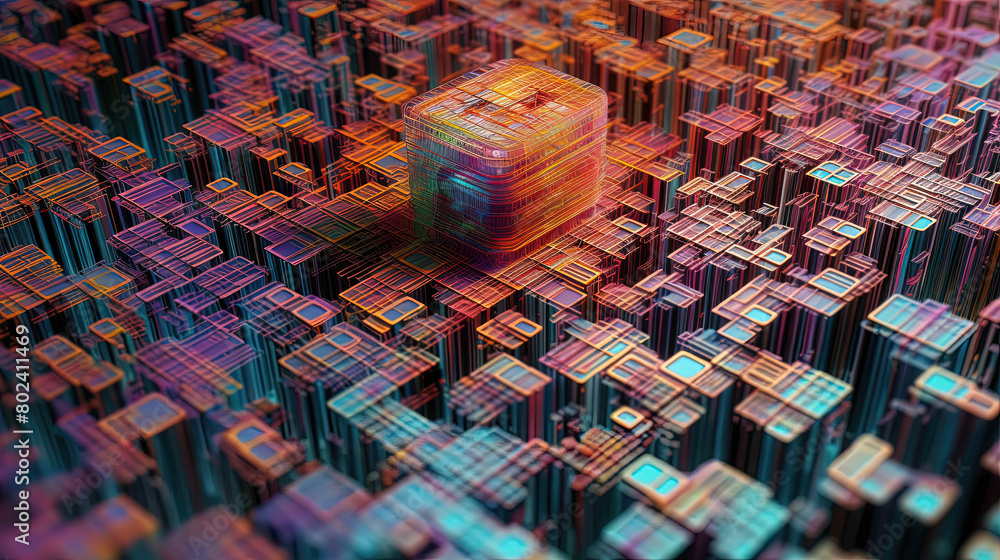 Poster Abstract motherboard structure with blocks and chips in purple and blue neon lights. Technology background with microchips on hardware circuitboard.