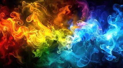 A vibrant rainbow-colored cloud of smoke billowing against a dark black background