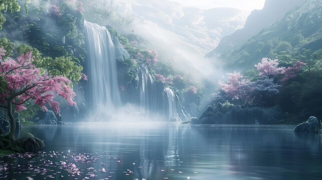 Craft an image depicting paradise where the scenery is embraced by the gentle mist of waterfalls and rivers