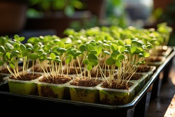 Growing microgreens in plastic cups, young sprouts of microgreens.