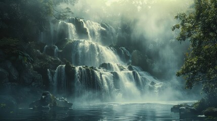Craft an image depicting paradise where the scenery is embraced by the gentle mist of waterfalls and rivers