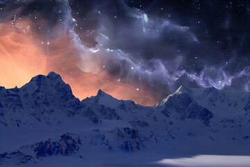 Snowy mountain under starry sky with clouds adding atmosphere