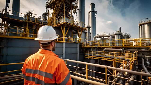 A petroleum engineer inspects an industrial pipeline installation in a massive factory