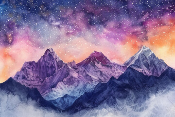 Watercolor painting of mountains under a starry purple sky