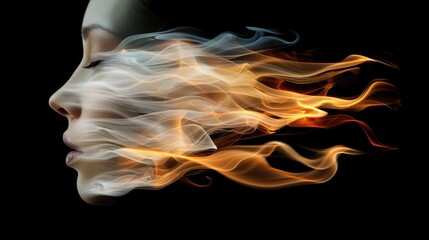 A close-up of a womans face with billowing smoke coming out of her mouth, creating a striking and dramatic effect