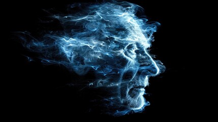 Close-up of a mans face with blue smoke billowing out, creating an abstract and mysterious effect