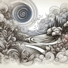 Intricate Artistry of Nature: A Detailed Drawing of Mountains and Valleys Amidst Swirling Patterns and Blooming Flowers Under a Cloudy Sky